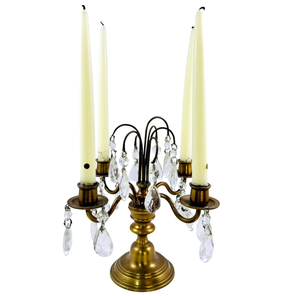 Vintage French Provincial Brass Candelabra Chandelier Style Crystal Prism BEAUTY